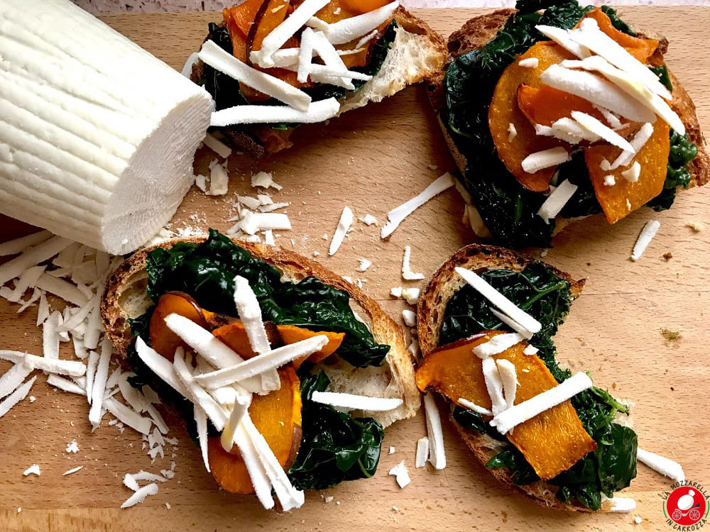 La Mozzarella In Carrozza - Wintery bruschetta with pumpkin chips, kale and ricotta cheese